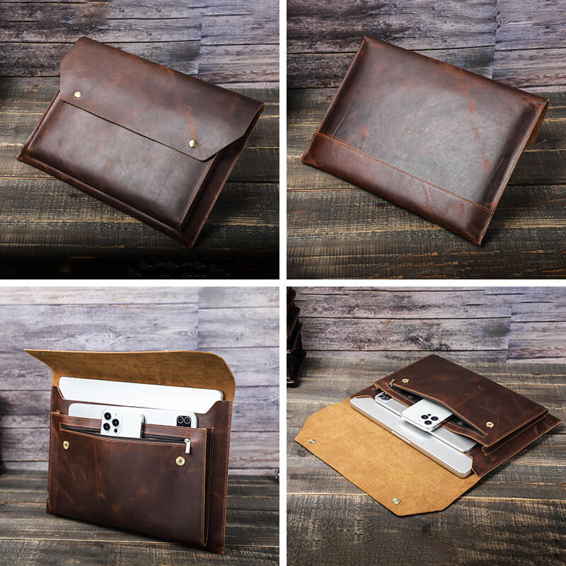 ヴィンテージ風 本革製 多機能ノートパソコンスリーブケースApple iPad / MacBook Pro 14.2インチ/13.3インチ用