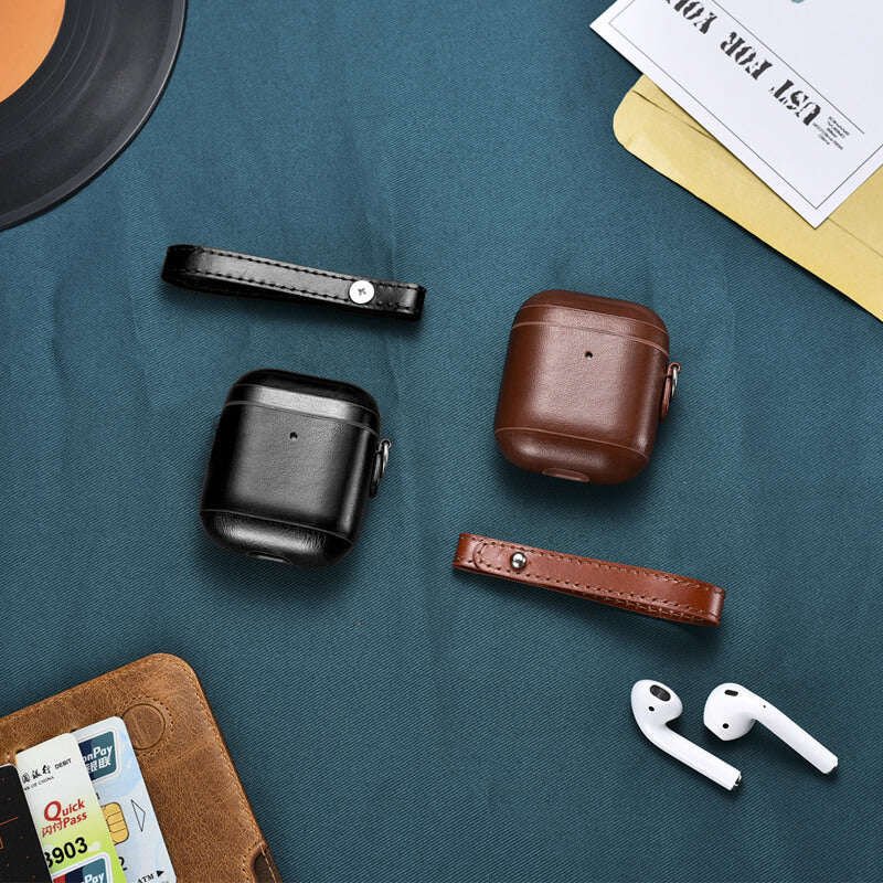 Vintage Leather Protective Case Cover with Anti-loss Strap for Apple AirPods 1/ 2