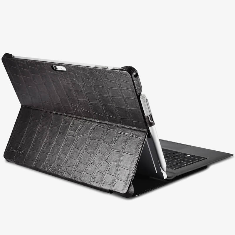 Surface Pro 7/6/5/4 Funda de Cuero Genuino con Patrón de Negro Cocodrilo y Pata de cabra y Folio Flip