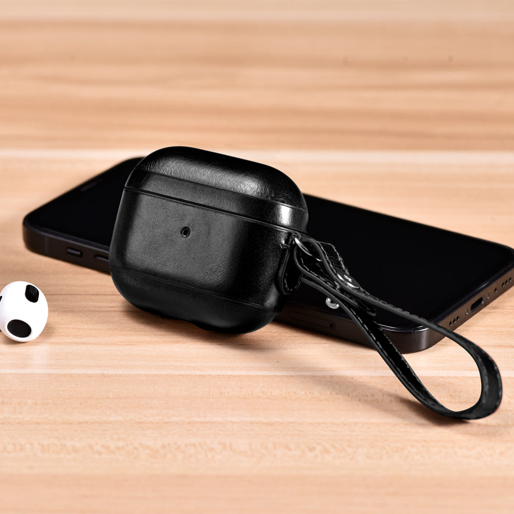 Apple AirPods (3rd Generation) Leather Case with Anti-loss Leather Strap_black