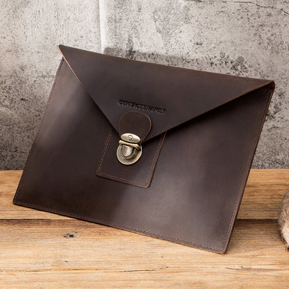 iPad Pro 11" 2018/ 2020 Vintage Style Genuine Leather Metal Lock Buckle Envelope Bag with Hand-strap