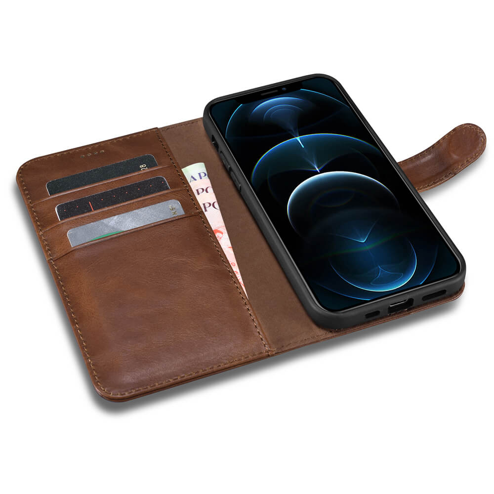 iPhone 12 /12 Pro Estuche de cuero tipo billetera magnética 2 en 1 desmontable vintage con protección RFID